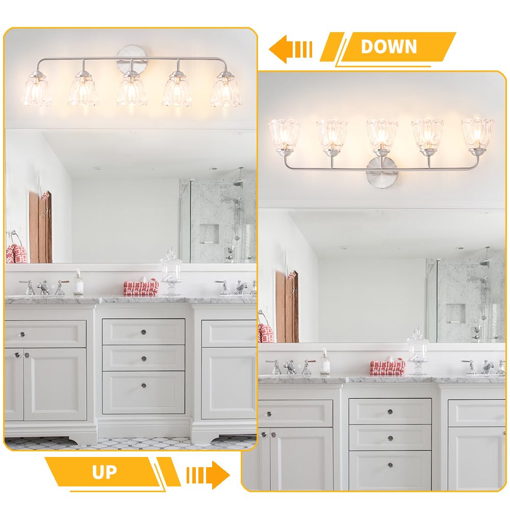 Vintage Vanity Light For Bathroom, Elegant Bathroom Vanity Light With Flower Glass Shade, Brushed Nickel 5-Light Bathroom Lighti