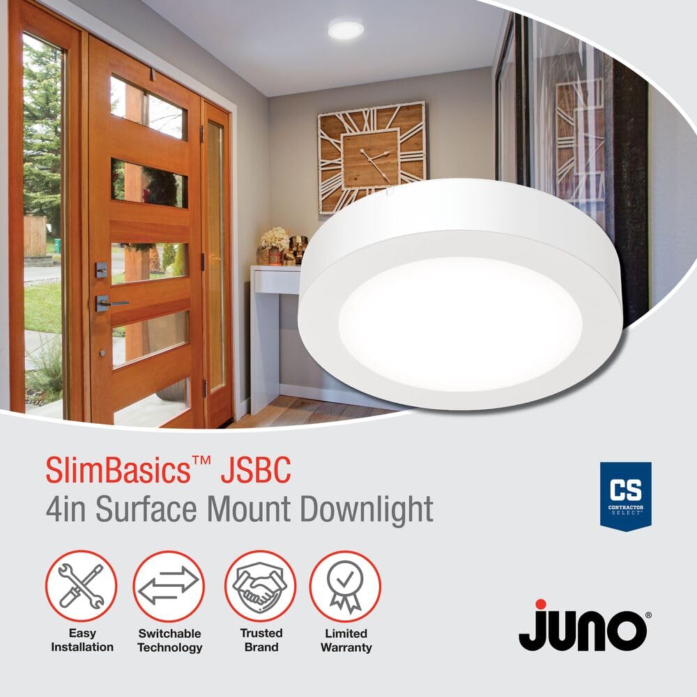 Juno Slim Basics 4 Inch Led Ceiling Light, Low Profile Surface Mount Downlight For Shower Or Closet Lighting, 3000K/4000K/5000K