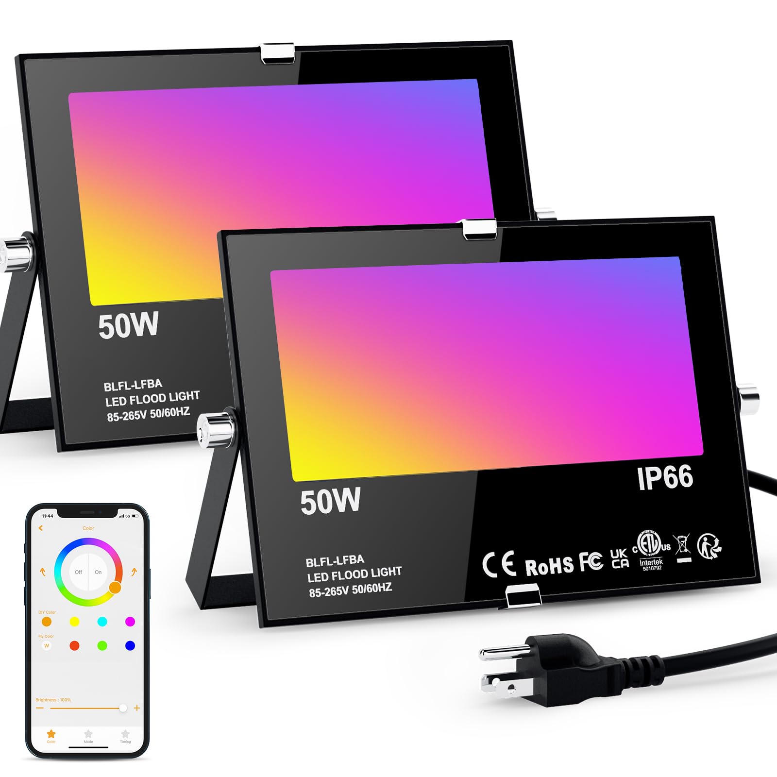 ChangM LED Flood Lights RGBW 500W Equivalent, Bluetooth Control, IP66 Waterproof, 2 Pack, Aluminum, 50W-2Pack