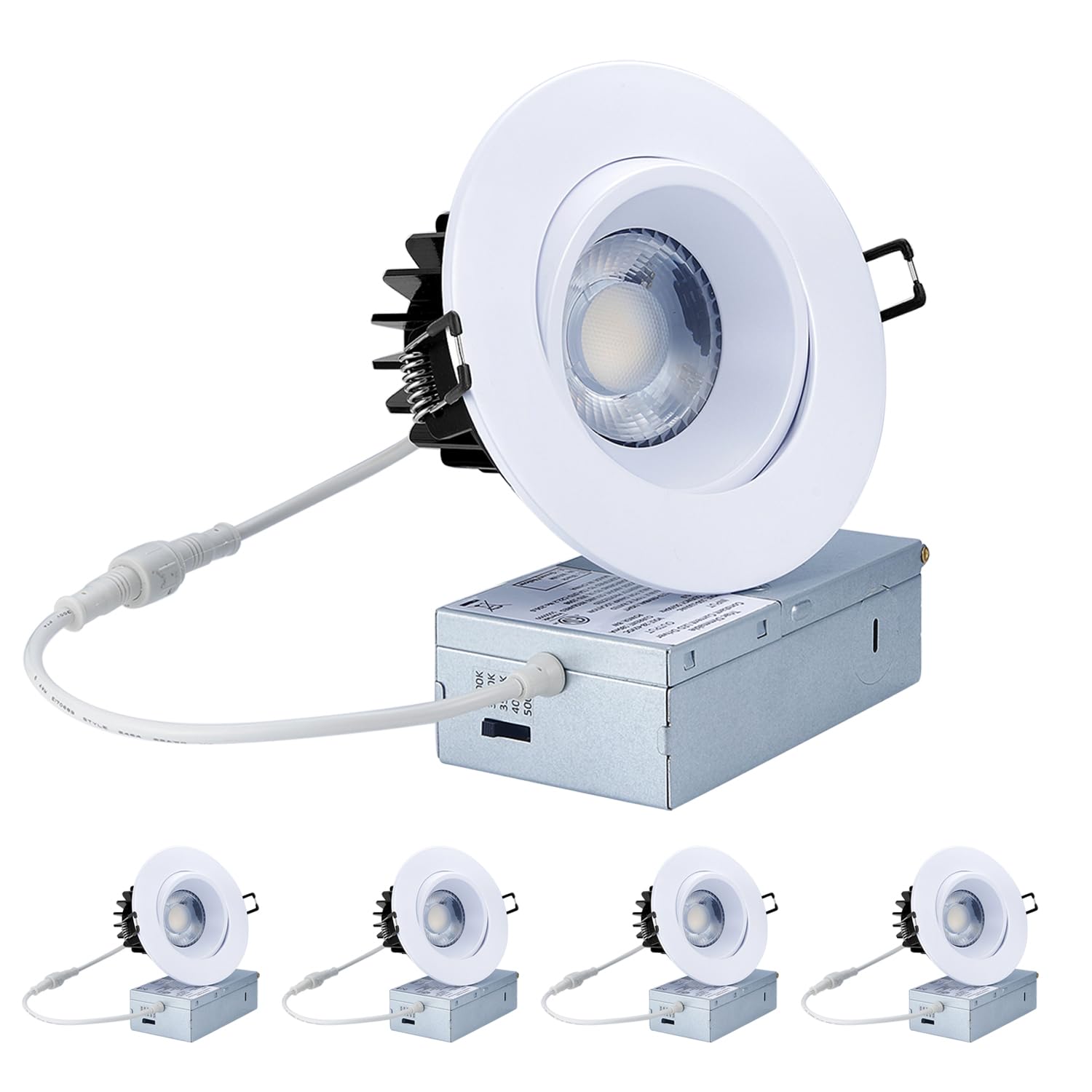 POPANU Canless Recessed Gimbal Downlight - Suitable for 20ft High Ceiling 1200lm 4 Inch 15W LED Rotatable Eyeball Spotlight  5CCT Dimmable Lights with Junction Box  Anti-Glare White 4 Pack