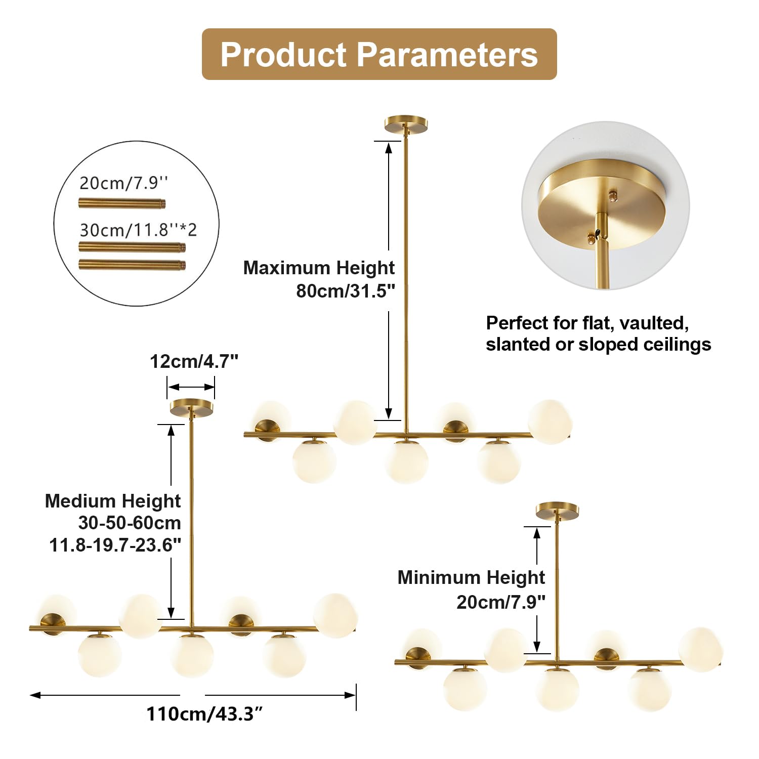 KCO Modern Brass Linear Chandelier Pendant Light, 7-Lights, Gold & White Glass, Mid Century Design for Living Room & Kitchen, Model L1043