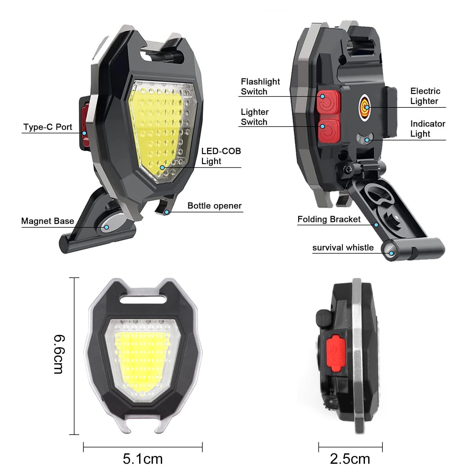 Sefone 7 Modes Cob Keychain Work Light 2 Pack, 1200 Lumens Bright Rechargeable Led Flashlight, Portable Pocket Light With Foldin