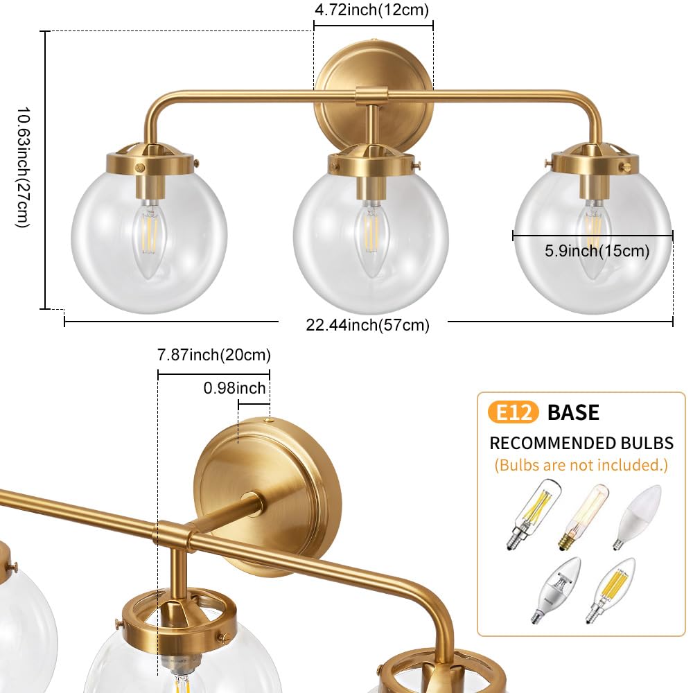 Deyidn Gold Bathroom Vanity Light Fixtures, Modern Brass 3-Light Wall Sconce, Transparent Glass Ball Shade, Model 1758