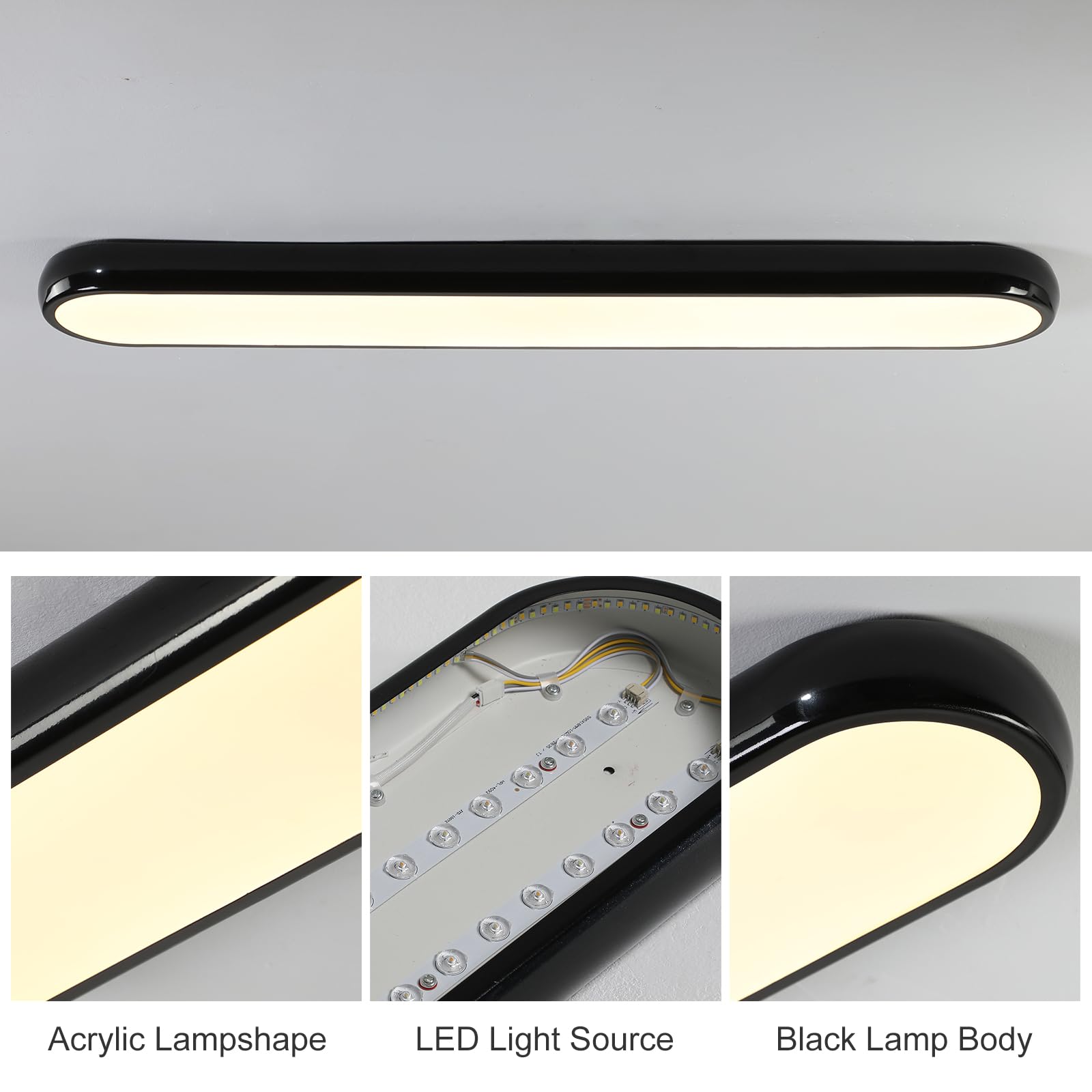 Qcyuui Modern Led Ceiling Light Dimmable Semi Flush Mount Ceiling Light 39.4 In Long Ceiling Light Fixture Kitchen Lighting Fixtures Ceiling For Office Bedroom Hallway(Black/48W/3000-6500K)