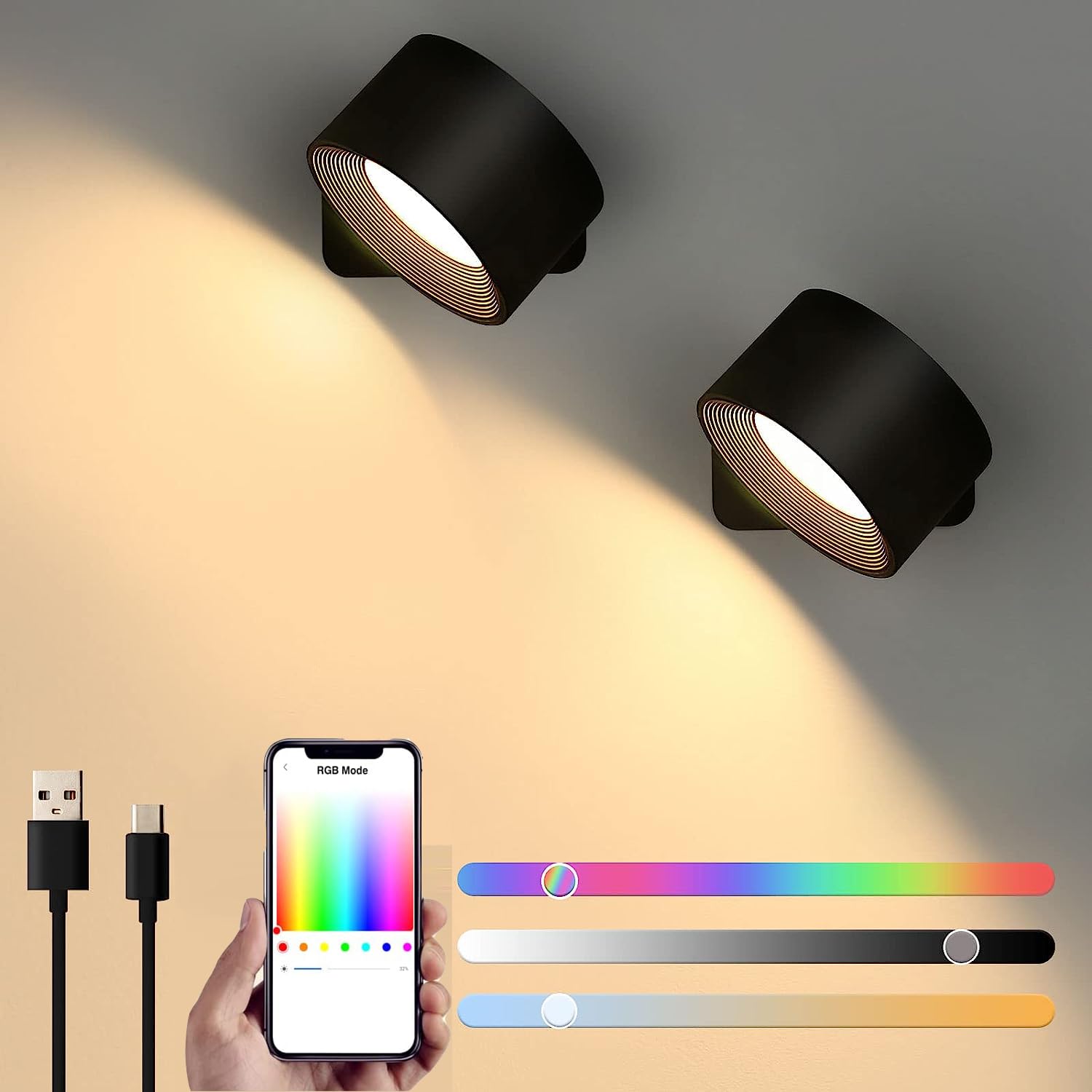 Lightess Smart Led Wall Sconces Set Of 2, Dimmable Wall Mounted Lamp With 3 Lighting & Rgb & Ambiance Mode, App & Touch Control,