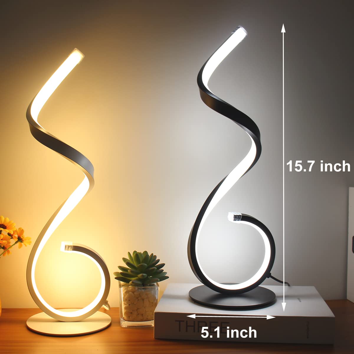 Besketie Modern Spiral Table Lamps Set Of 2, 10W Bedside Table Lamps For Living Room, Dimmable 3 Color Modes 10 Brightness Level