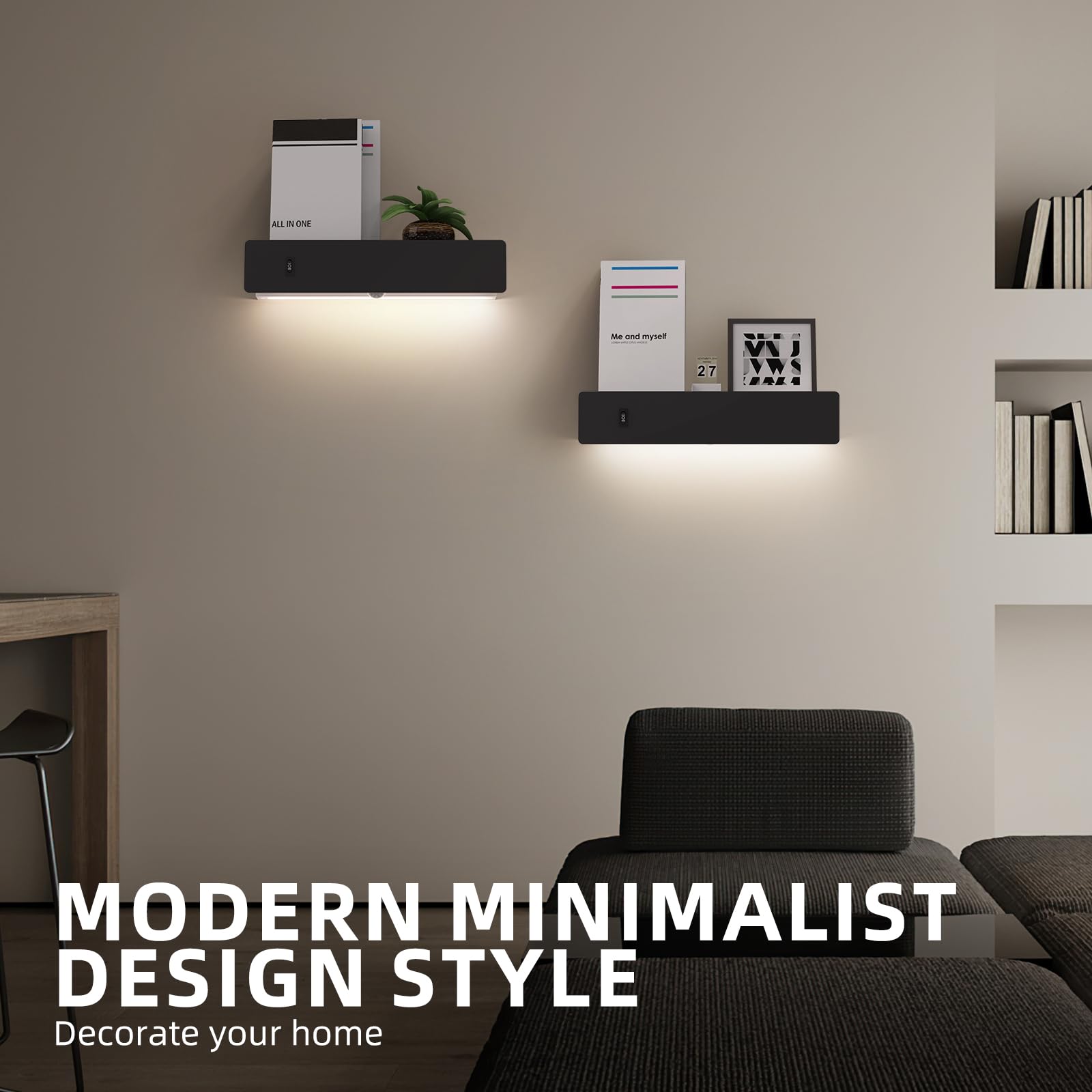 HYMELA M12 Black Wall Sconce with Shelf, Metal, USB Port, Motion Sensor, Hardwired or Plug-in, Modern Design for Living Room/Bedroom