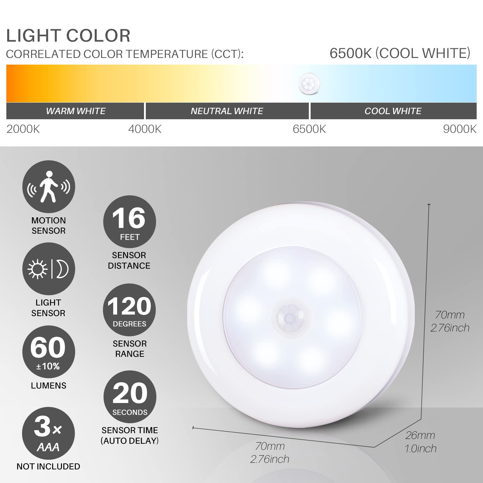 STAR-SPANGLED Motion Sensor LED Puck Lights, 6 Pack, Cool White, Battery Operated, Model CA-21B, Perfect for Stairs & Cabinets