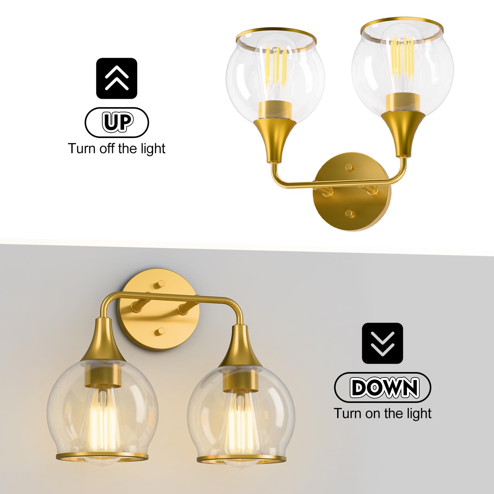 Lightania Bathroom Light Fixtures, 2-Light Vanity Lights with Clear Globe Glass Shade, Modern Gold Bathroom Vanity Light, Bathro