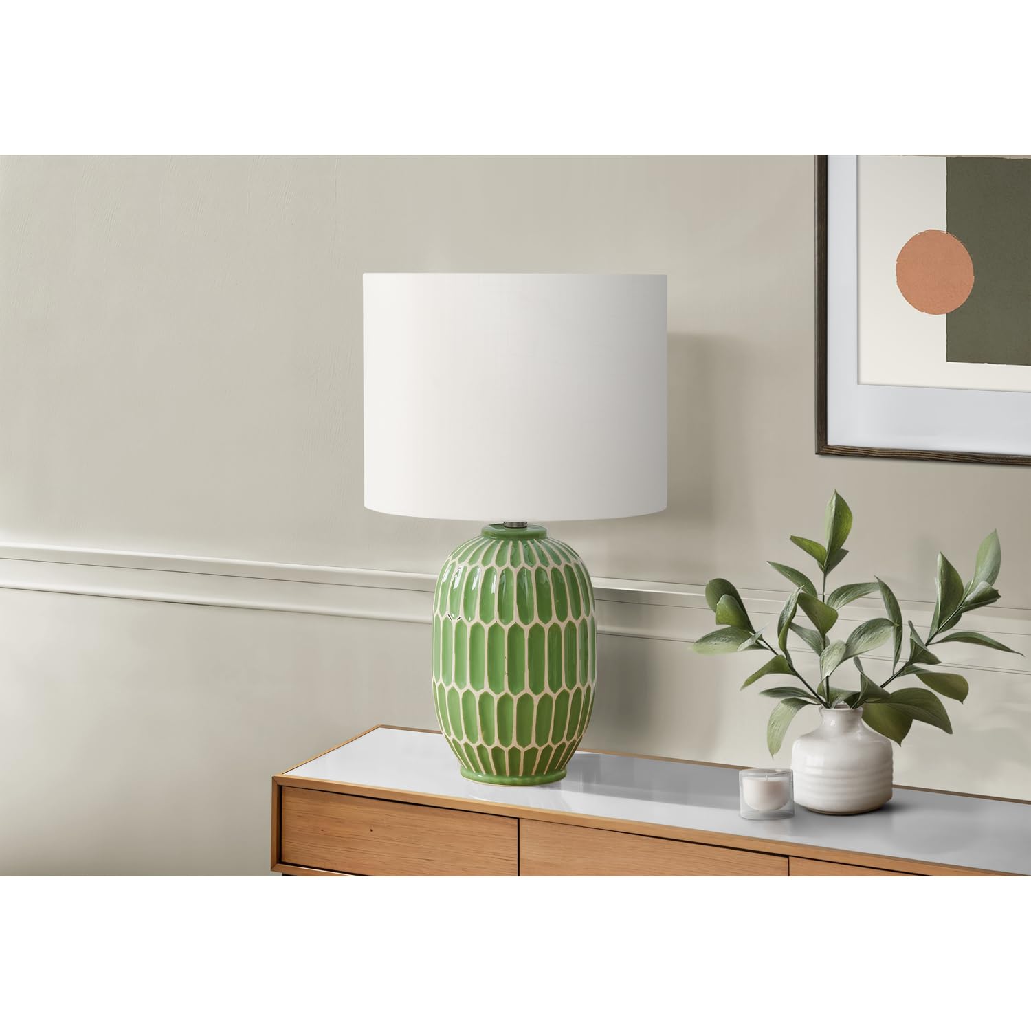 Monarch Specialties Table Lamp, 22inH, Green Ceramic, Ivory Shade, Model I 9877, Contemporary Design