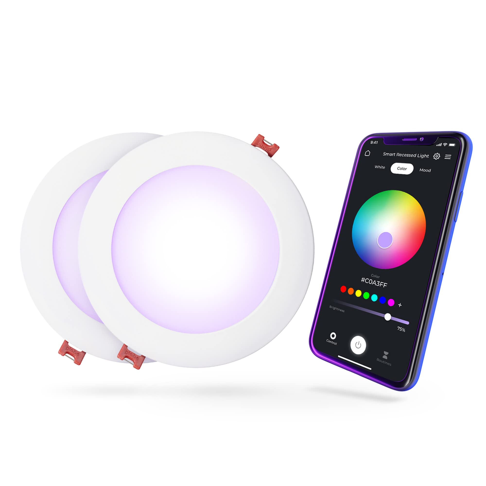 Globe Electric 50069 Wi-Fi Smart 6 Ultra Slim LED Recessed Lighting Kit 2-Pack, No Hub Required, Voice Activated, 12 W, Multicol