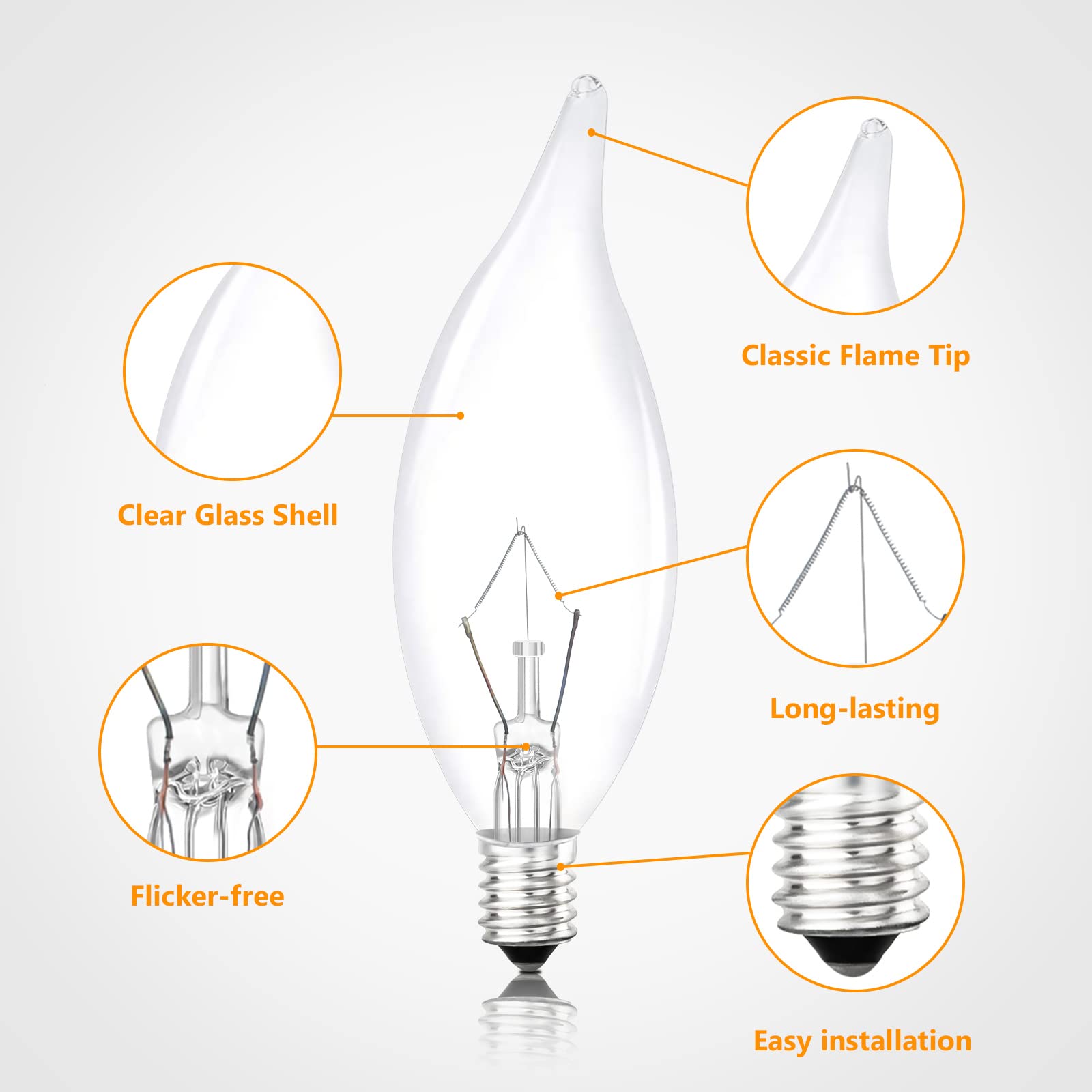 Brightever Vintage 12-Pack 40W Dimmable Candelabra Light Bulbs, 2500K Warm White, E12 Glass Flame Tip, Ideal for Chandeliers