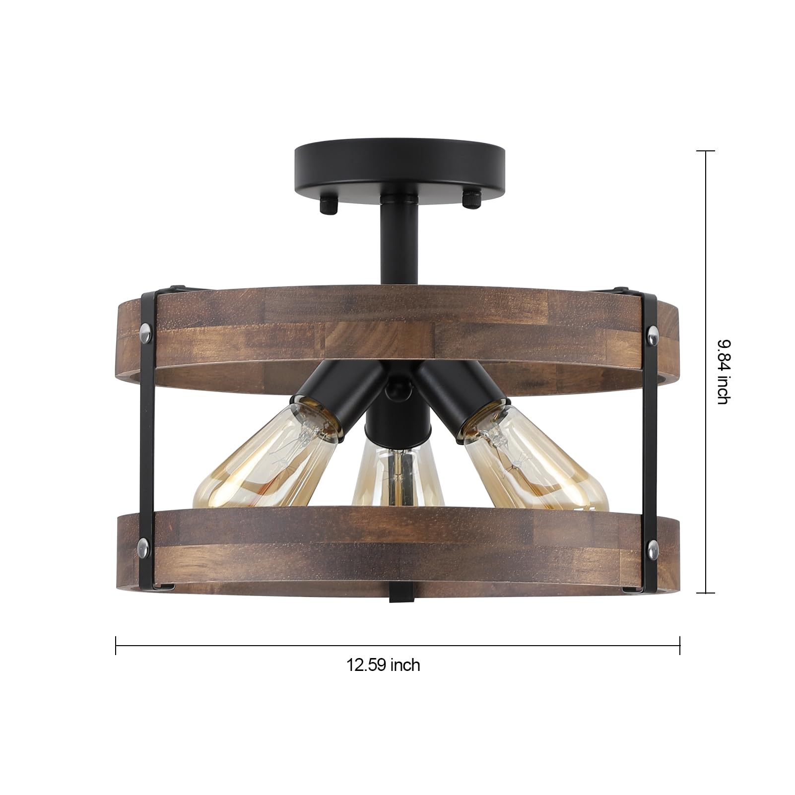 3-Light Rustic Farmhouse Wood Flush Mount Ceiling Light Fixture Oak Wood Round Drum Semi Flush Mount Ceiling Light For Hallway H