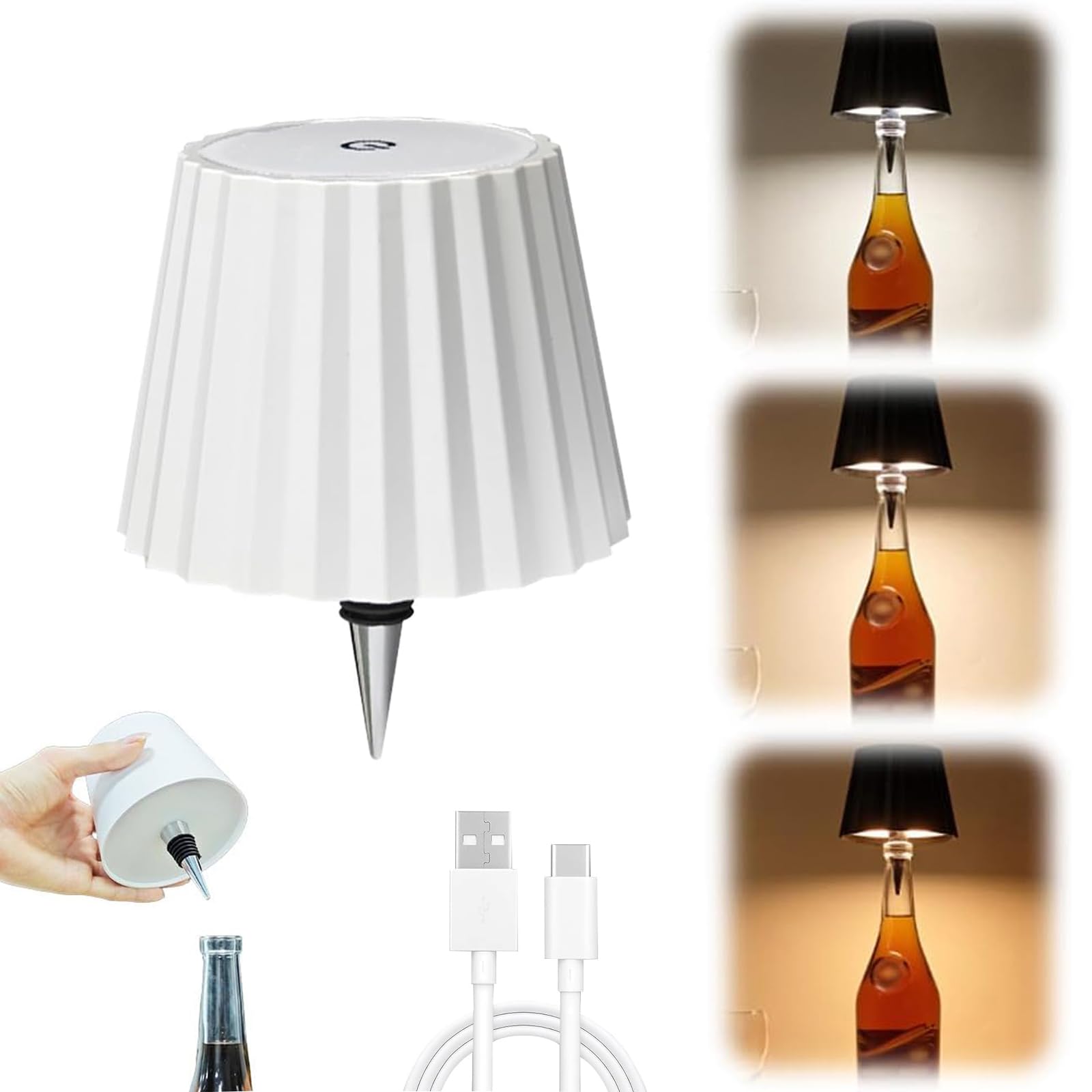 zmiao Wireless Bottle Lamp, Portable LED Touch Lamp, Rechargeable, 3 Light Modes, White-A