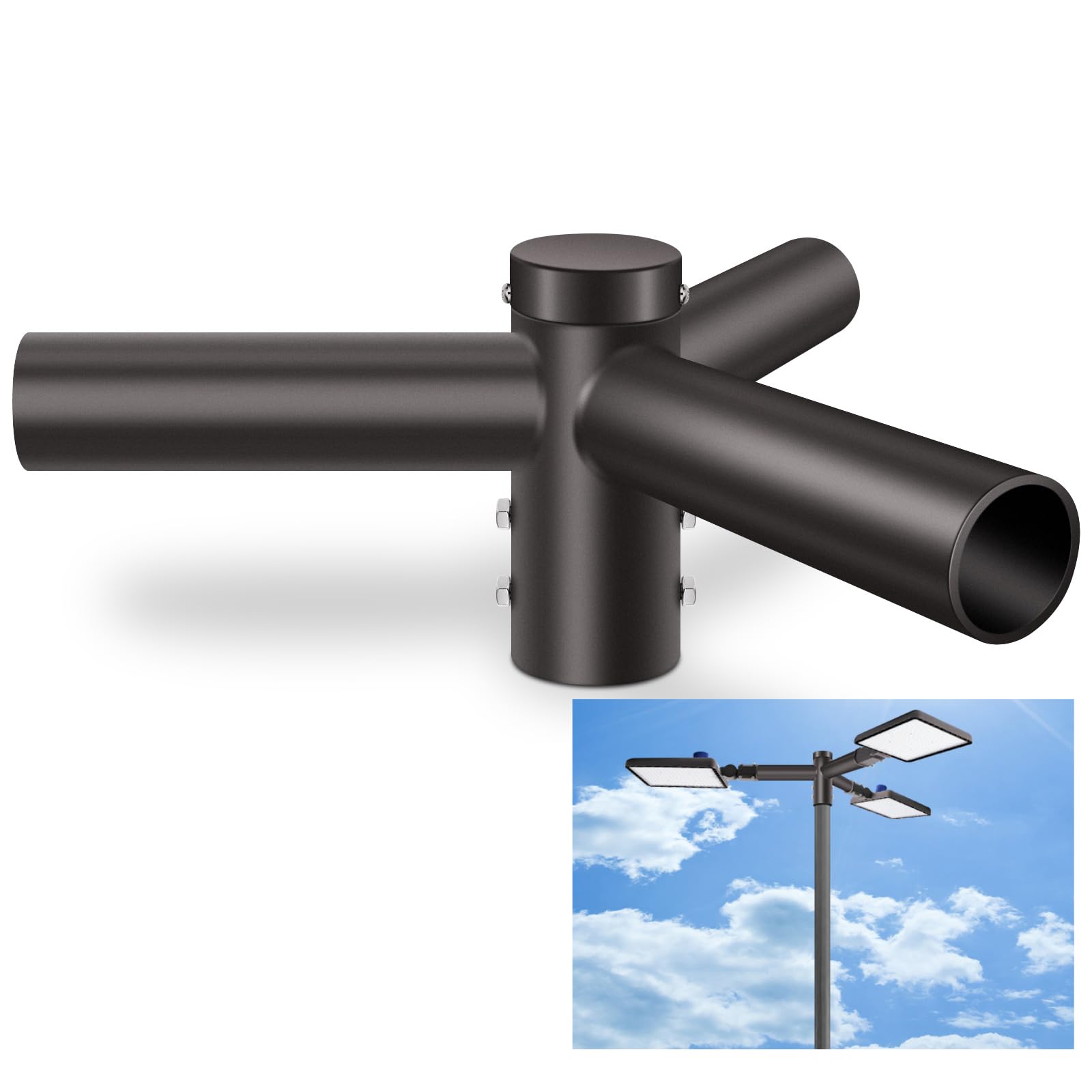 ledmo Triple Bracket Tenon Adaptor  120 2-3/8 Round Adjustable Slip Fitter Mount Pole Bracket  Heavy Duty 3 Outdoor Lights Mounting Spoke Arm for Parking Lot Street Light Floodlight