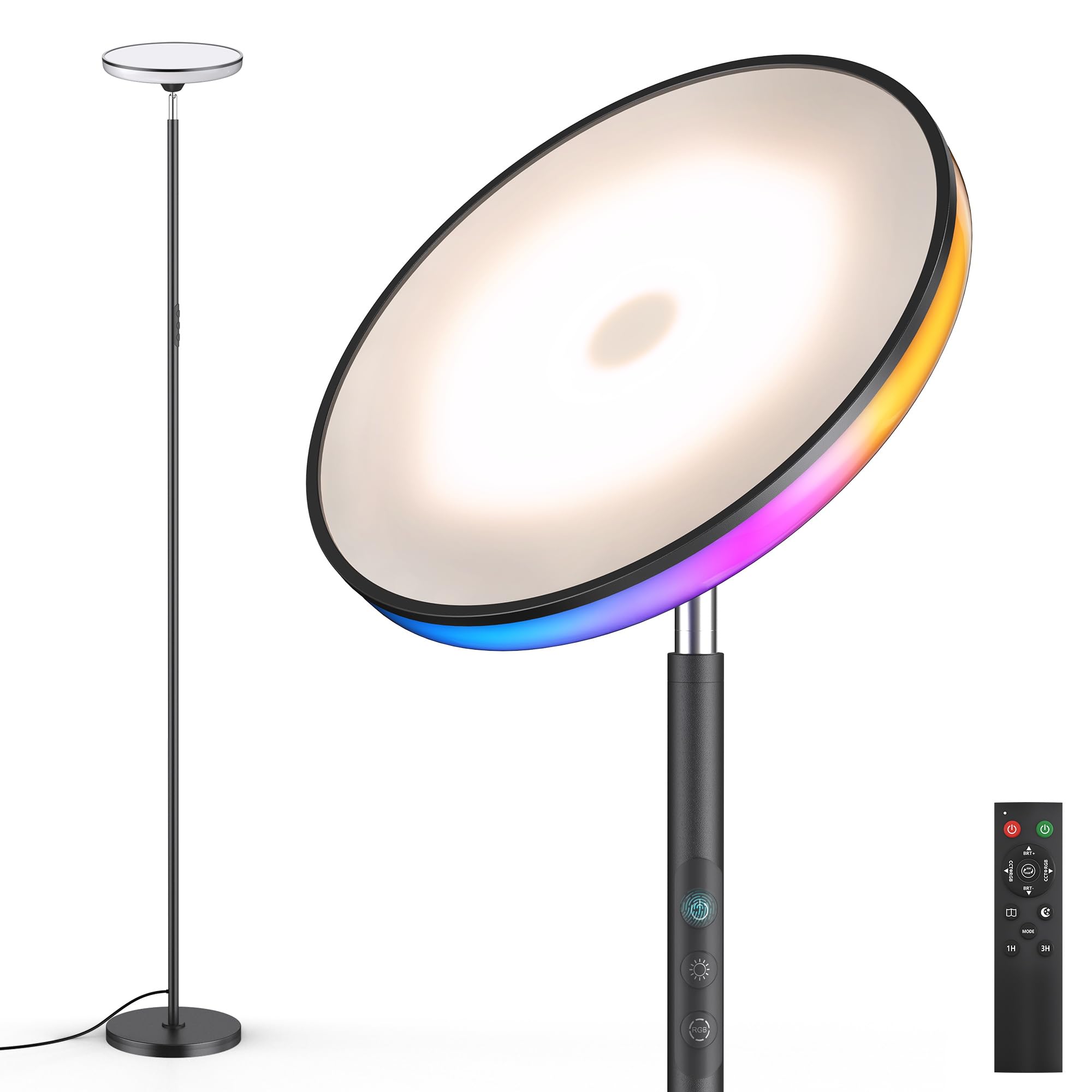 UFO LED Torchiere Floor Lamp with RGB Ambient Light, 42W 3700LM Bright Dimmable Sky Lamp,71in Modern Tall Standing Lamp with Rem
