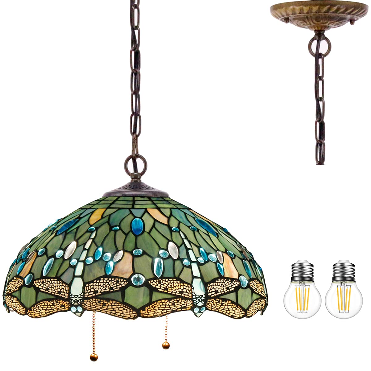 WERFACTORY Tiffany Pendant Light Fixture Sea Blue Stained Glass Dragonfly Hanging Lamp Wide 16 Inch, Height 40 Inch S147 Series