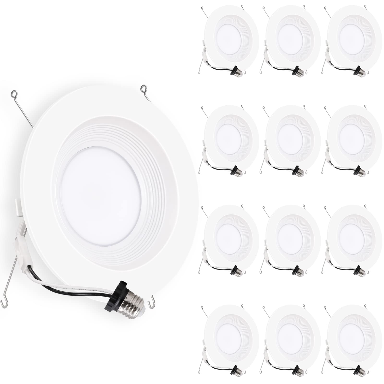 Energetic Led Can Light 5/6 Inch Dimmable, 12W=150W, Daylight 5000K, 1000Lm, Ic Rated & Etl Listed, Led Recessed Lighting Retrofit Downlight, Metal Baffle Trim, Wet Rated, 12 Pack