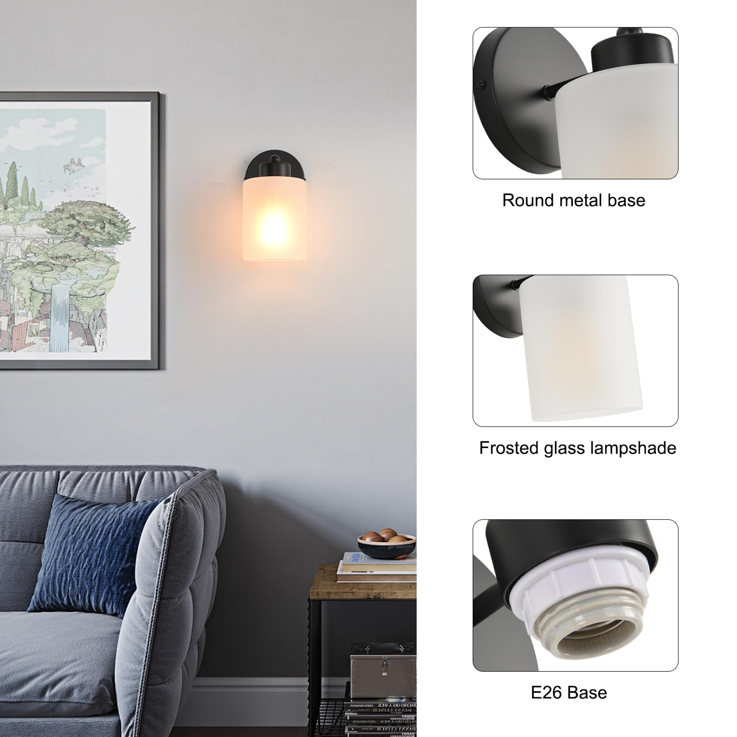 KENMI Metal Wall Sconces, 2 Pack, Matte Black, Clear Glass Shade, Model W12W
