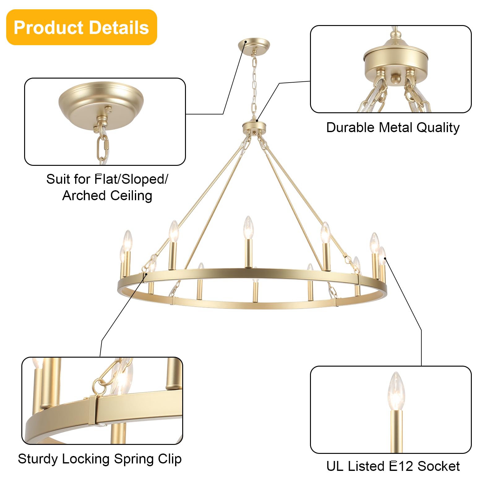Zjvaive Gold Wagon Wheel Chandelier Diam 38 12 Lights Modern Farmhouse Round Chandeliers For Dining Room Rustic Vintage Pendant