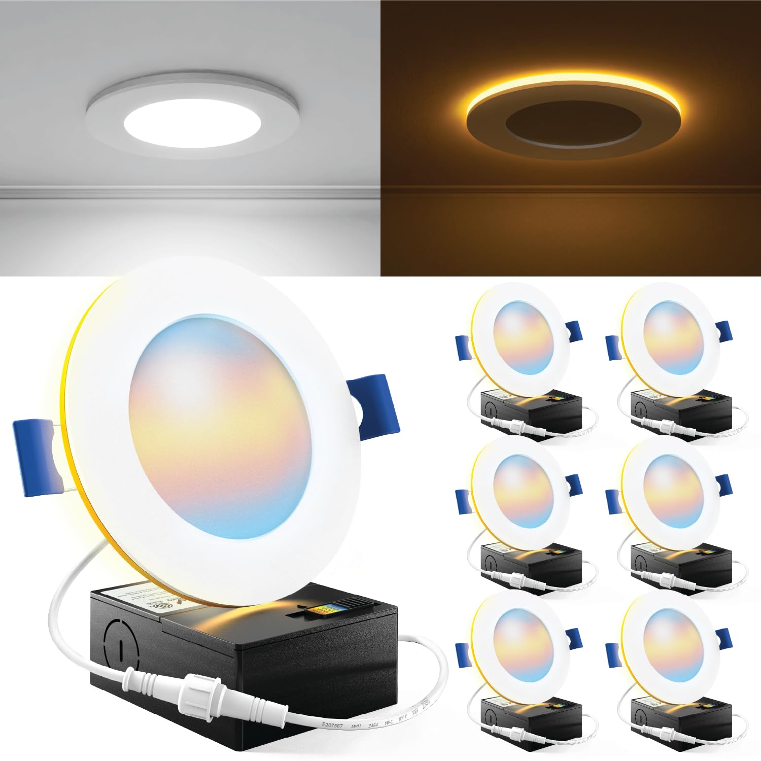 Sunco 6 Pack 4 Inch Ultra Thin Led Recessed Ceiling Lights Slim With Night Light, 900 Lm, Selectable Cct 2700K/3000K/3500K/4000K/5000K, Dimmable, 11W, Canless With Junction Box
