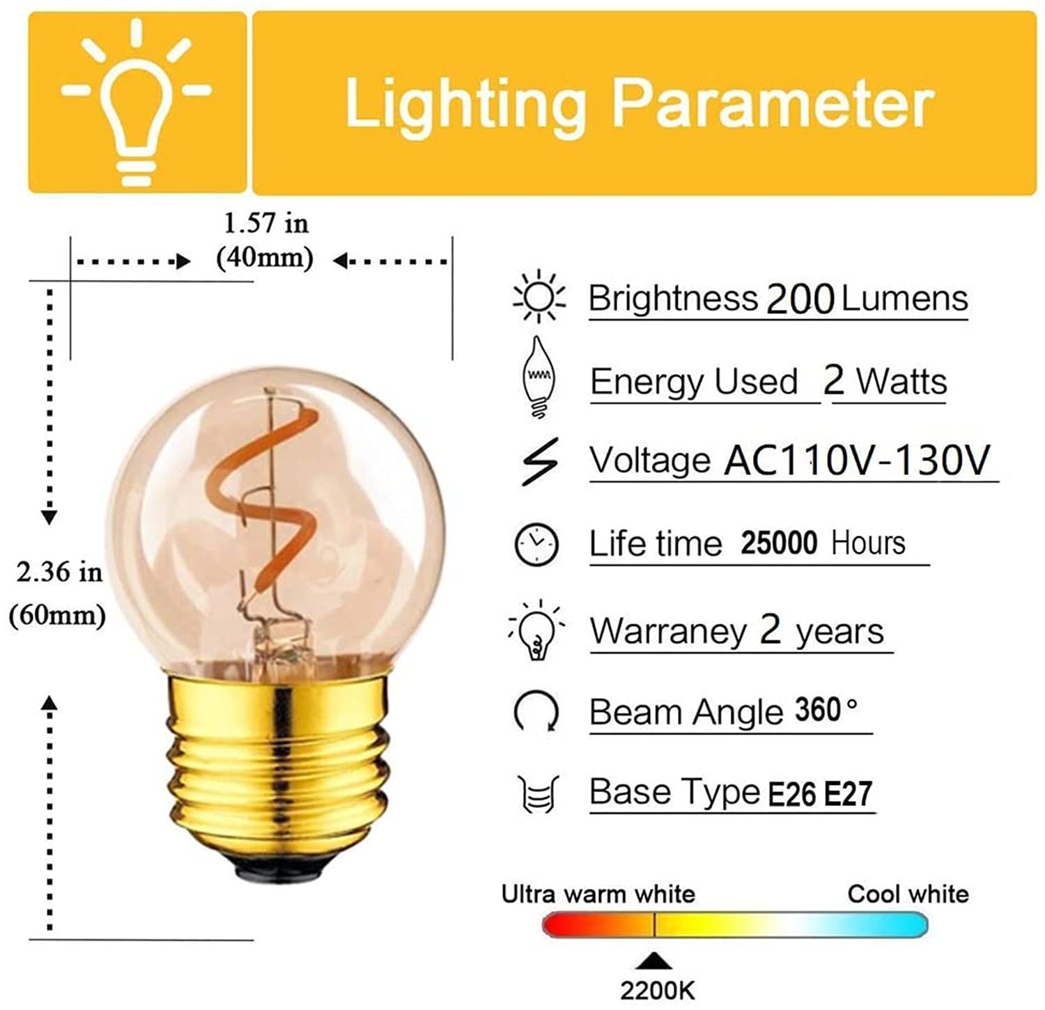 Qixivcom LED Filament Light Bulb 2W Dimmable 120V E26 Amber Glass Warm White 5-Pack
