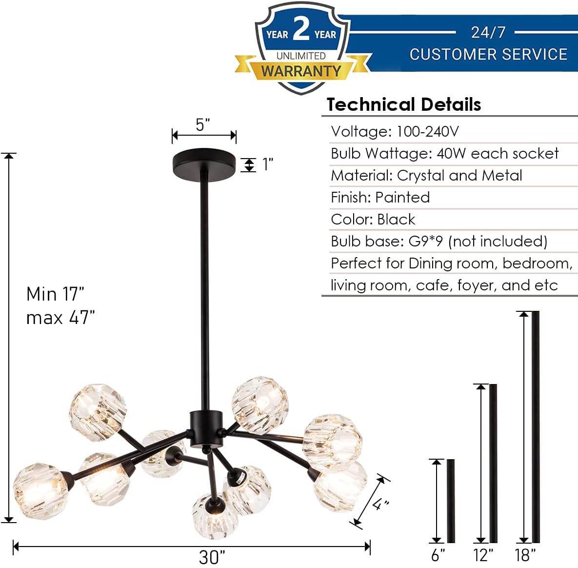 Weesalife Black Sputnik Chandelier, 9-Light Modern Crystal Fixture For Dining Room & Kitchen