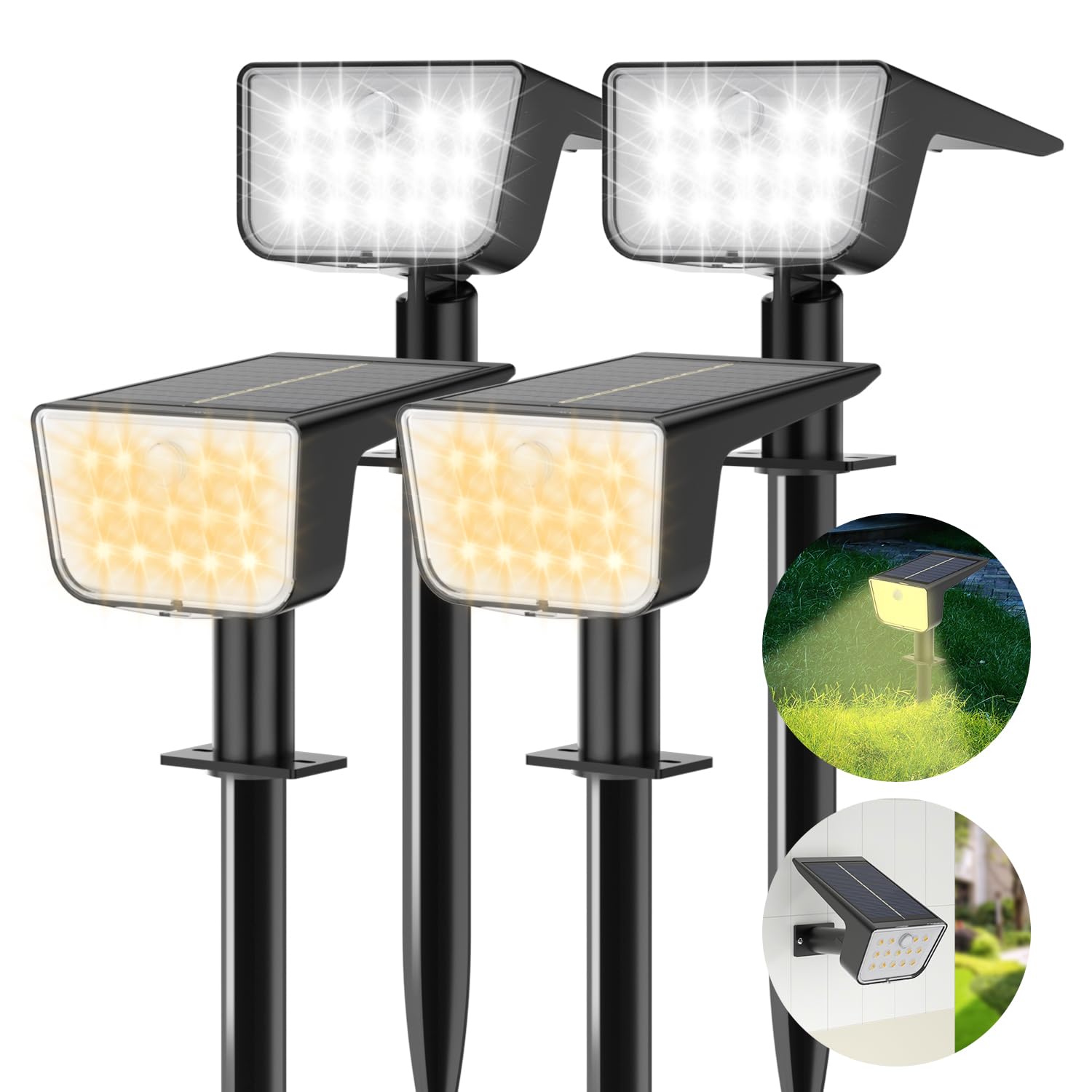 Mviioe Solar Motion Lights Outdoor Waterproof Ip67 Solar Spot Lights Outdoor Landscape Spotlights, 28 Leds 6 Lighting Modes Solar Powered Garden Yard Lights For Outside(4 Pack)