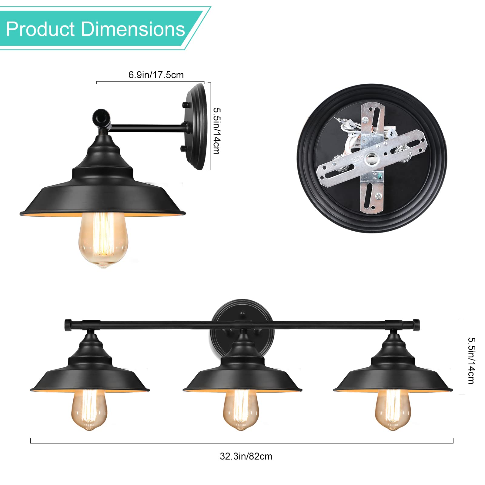 BesLowe 3-Light Wall Sconce, Industrial Rustic Metal Vanity Light Fixture, Black, Model W2561-03-BK
