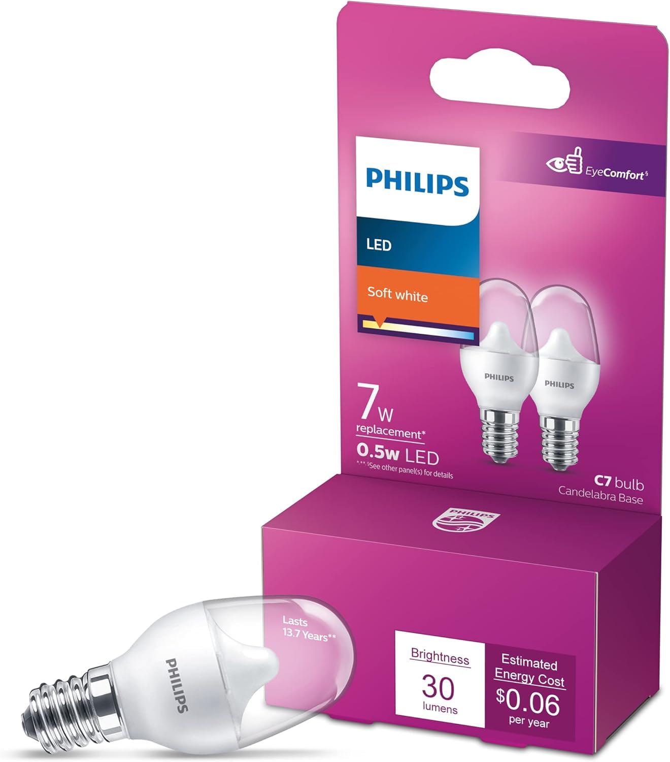 Philips LED C7 Night Light Bulb, 30 Lumen, Soft White (2700K), Non-Dimmable, E12 Base, 2 Count, Model 574038