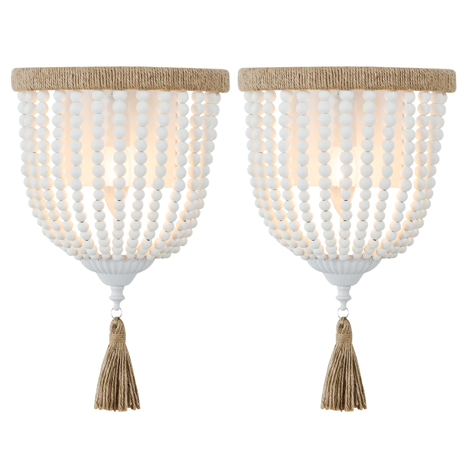 Boho Wood Beaded Wall Light  Hand-Woven Rope Farmhouse Bedside Wall Lamp  White Rustic Bohemia Wall Sconce Lighting Fixture for Bedroom Hallway Bathroom Nursery Entryway Living Room 2 Pack