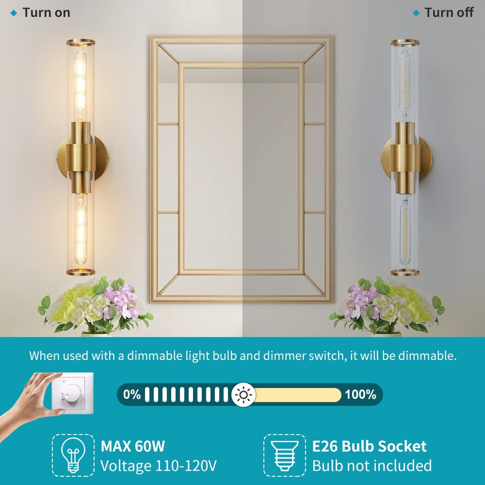Vaziden Gold Wall Sconce, Bathroom Light Fixtures In Clear Glass Indoor Wall Sconces, Modern Sconce Wall Lighting Up And Down Vanity Lights Fixtures For Bathroom,Living Room,Hallway, Kitchen