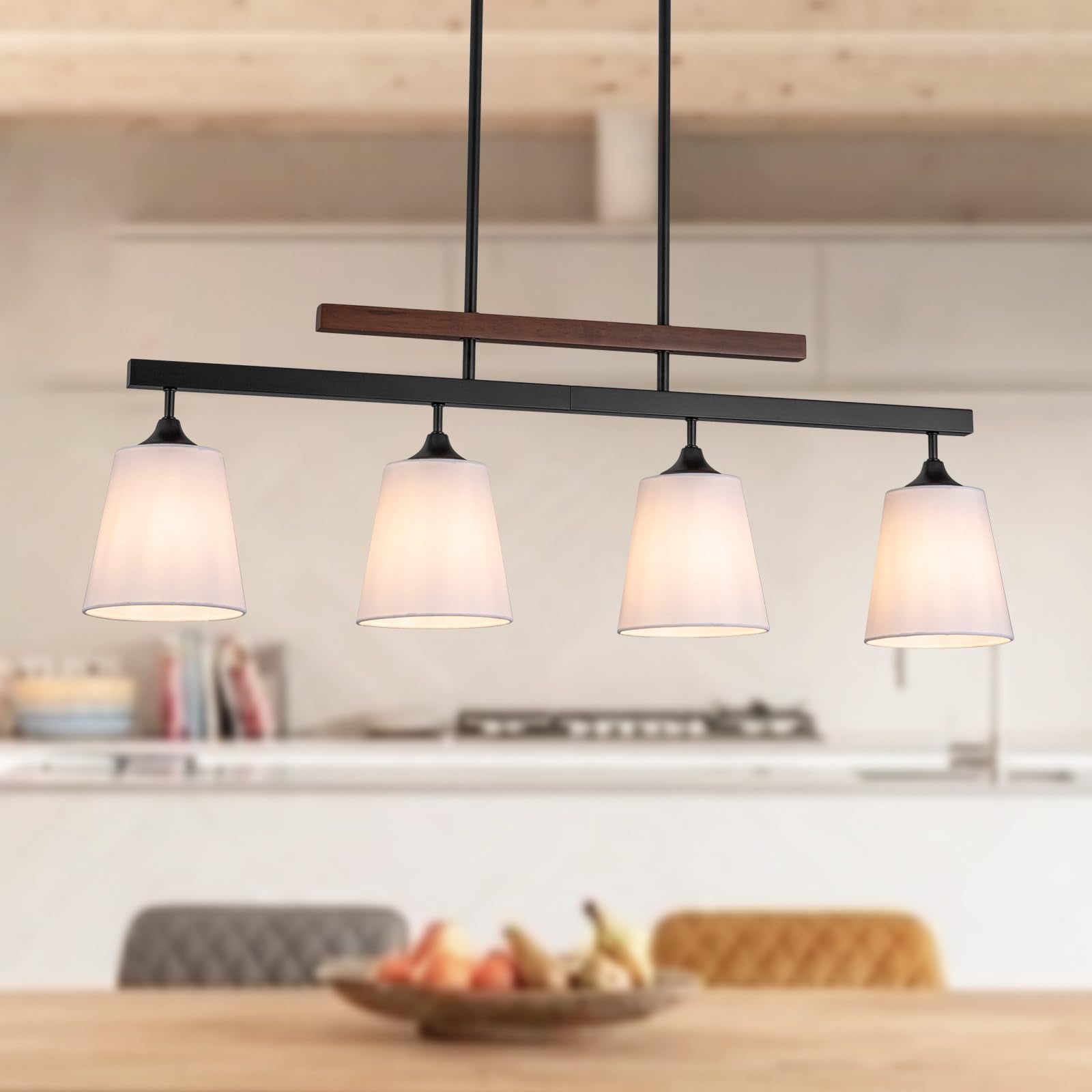 Farmhouse Dining Room Light Fixture Over Table, 4-Light Kitchen Island Lighting, Rustic Wood Linear Chandeliers With White Fabric Shade, Matte Black Hanging Pendant Light Fixtures