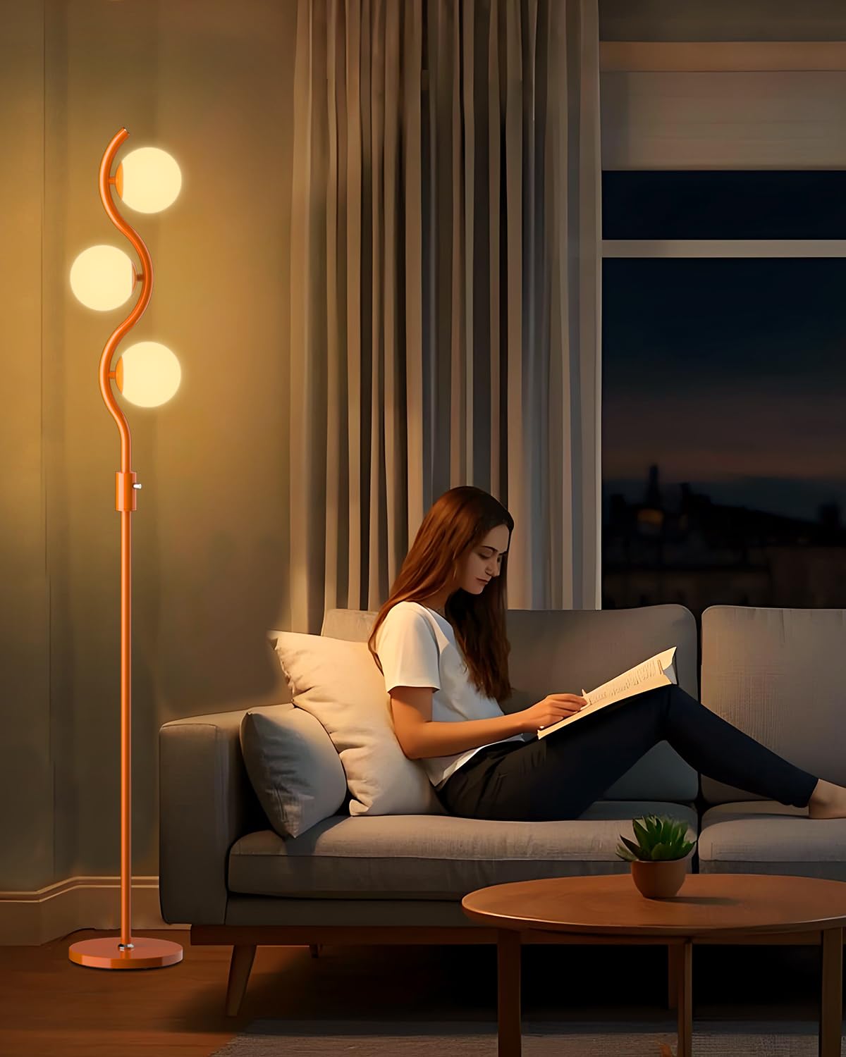 Lightdot 3-Globe Dimmable Floor Lamp Orange Mid Century Modern Standing Lamp with 3PCS 3000K G9 Bulbs Stepless Brightness Adjust