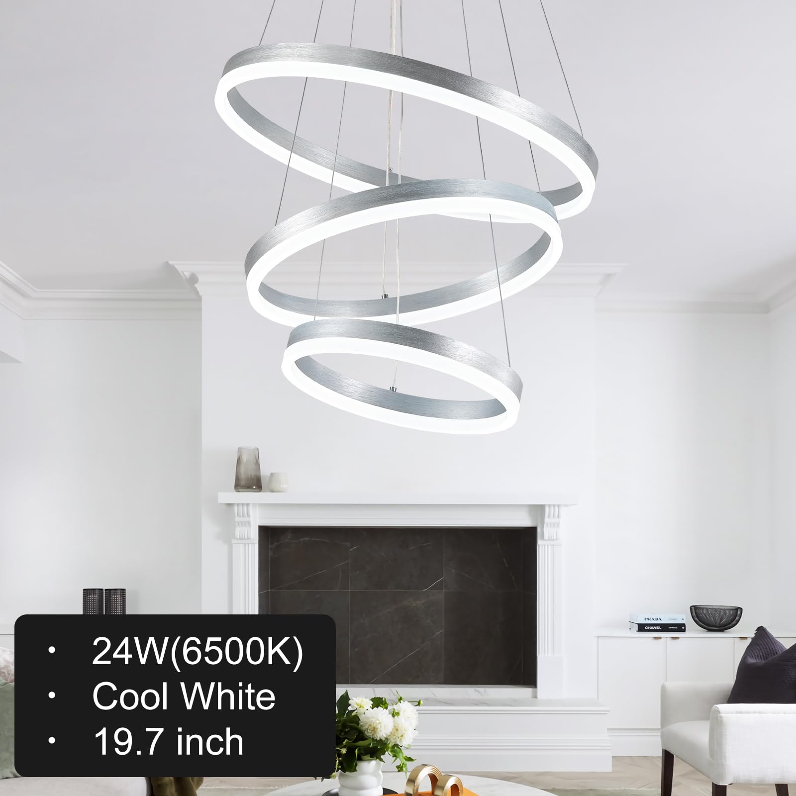 Buccleuch 3-Ring LED Chandelier - Dimmable, Height Adjustable, Silver Pendant Light for Dining Room, Living Room, Bedroom, Foyer, 6500K