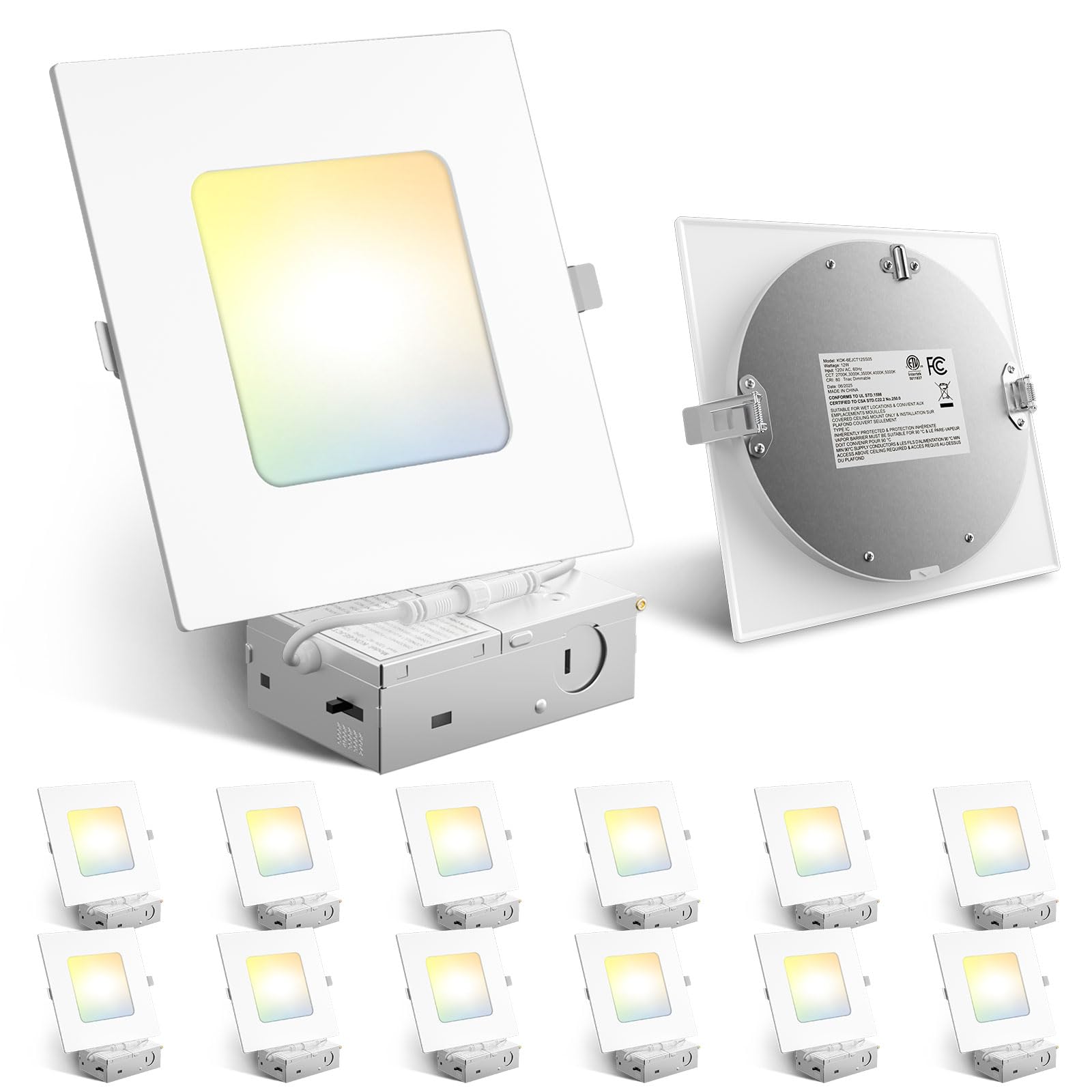 Amico 12 Pack 6 Inch Ultra-Thin LED Square Recessed Light with Junction Box, 5CCT 2700K/3000K/3500K/4000K/5000K Selectable, 1050