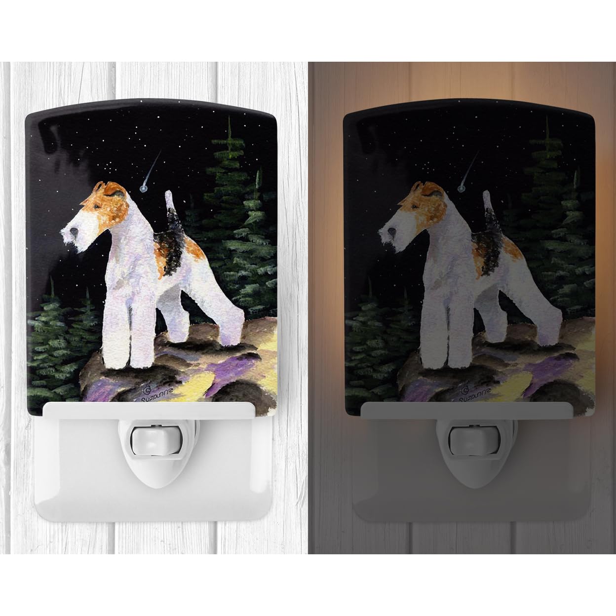 Caroline'S Treasures Ss8503Cnl Starry Night Fox Terrier Ceramic Night Light Compact, Ul-Certified, Ideal For Bedroom, Bathroom, Nursery, Hallway, Kitchen, 6X4X3, Multicolor