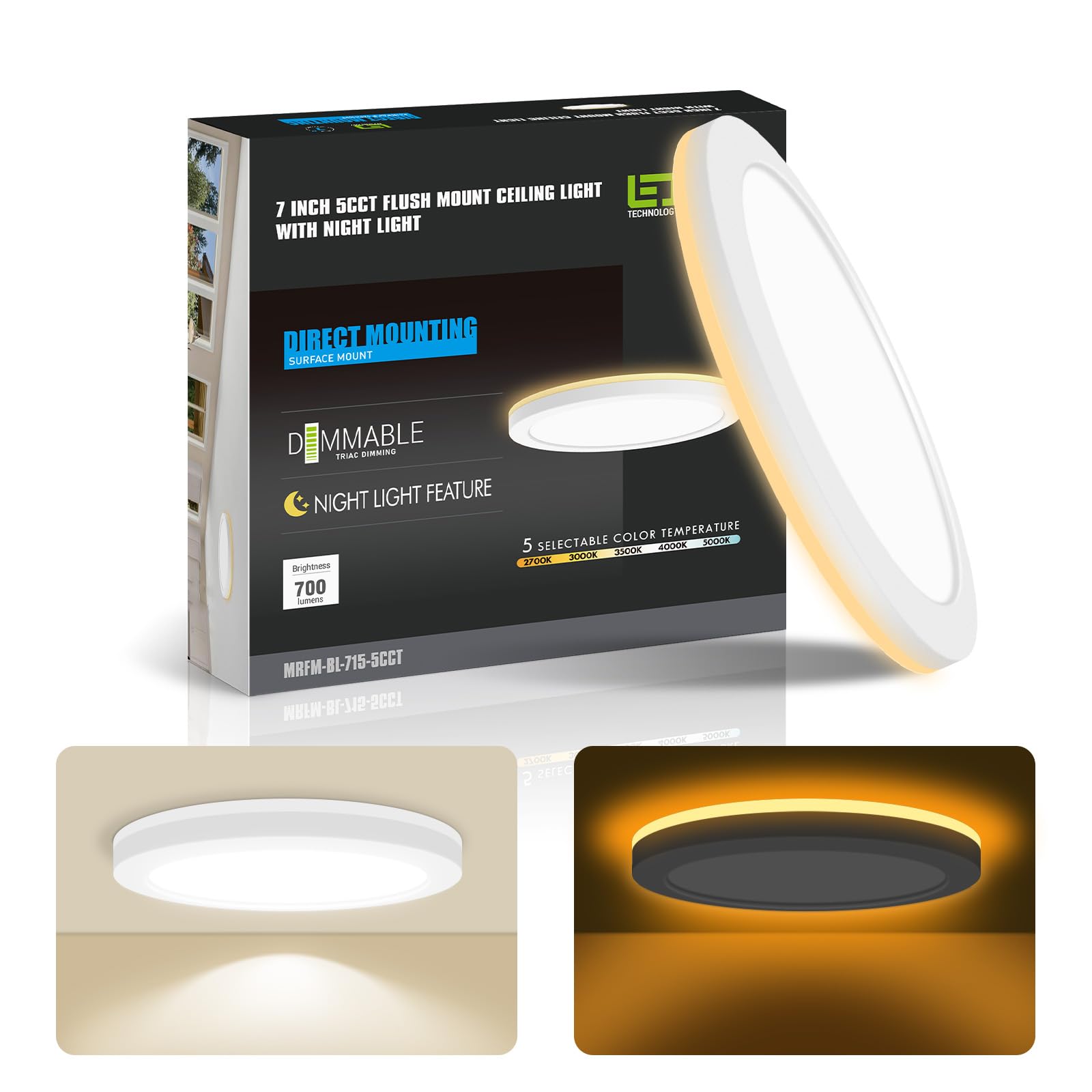 mw 2 Pack 7 Inch LED Ceiling Light Flush Mount with Night Light, 12W, 2700K/3000K/3500K/4000K/5000K, Dimmable LED Ceiling Light 