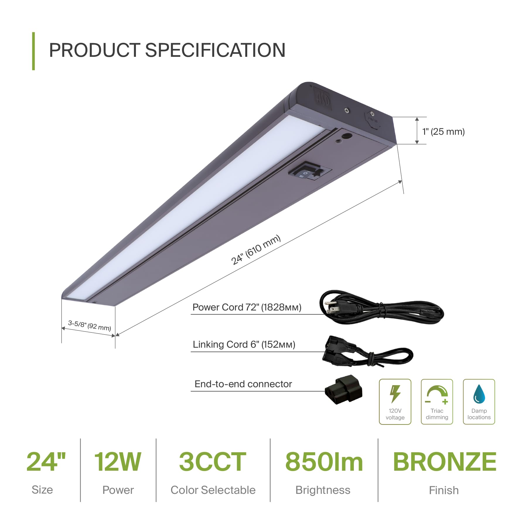 ASD Swivel LED Under Cabinet Light, 12W Dimmable, 24 Inch, Bronze, Hardwired/Plug-in, 2700K/3000K/4000K,