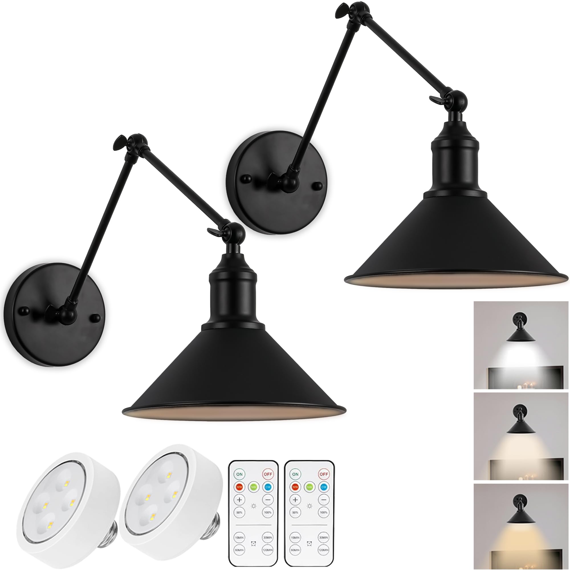 Franing Vintage Black Wireless Battery Operated Wall Sconces, Cordless Led Wall Lights Set Of 2 With Remote Control, Adjustable