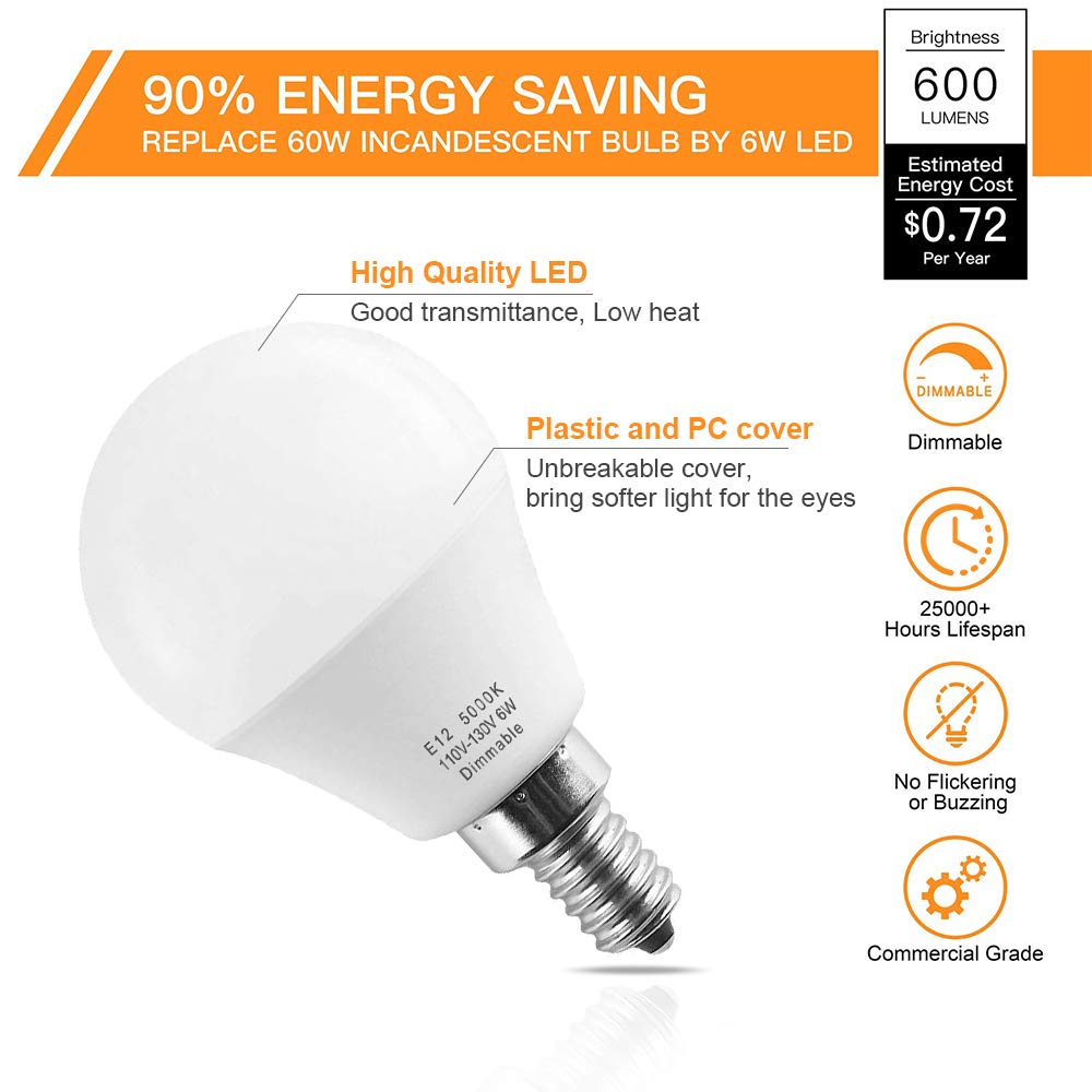 Prosperbiz E12 Dimmable Led Light Bulbs 6W (60W Equivalent), Daylight White 5000K,