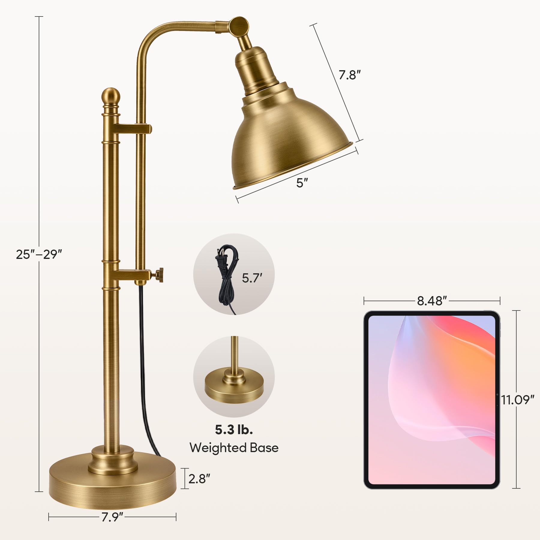VONLUCE Rustic Desk Lamp - Adjustable Metal Task Light, 25"-29", Brushed Gold Finish, ETL Certified, Industrial Style