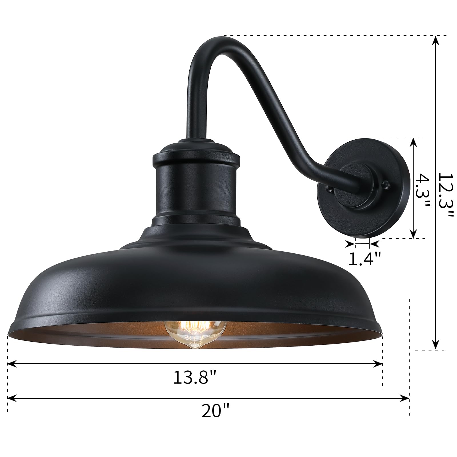 13.8 Diameter Large Outdoor Gooseneck Barn Light 2 Packs  Outdoor Wall Sconce Farmhouse Exterior Light Wall Lighting Fixture Industrial Outside Lantern For Porch  Patio  Garage  Black (No Sensor)