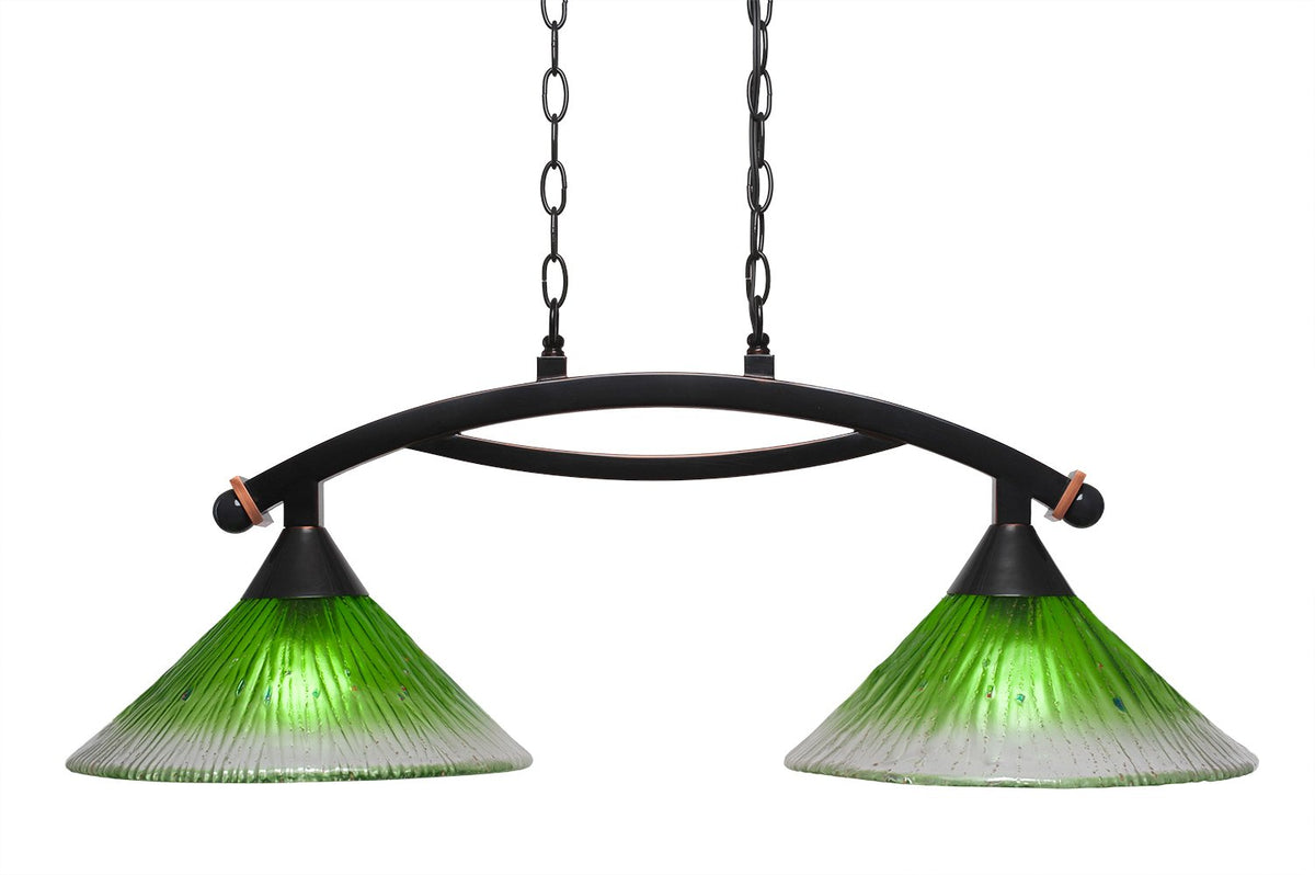 Toltec Lighting 872-BC-447 Bow 2 Light Island Light Shown with 12&quot; Kiwi Green Crystal Glass, Black Copper