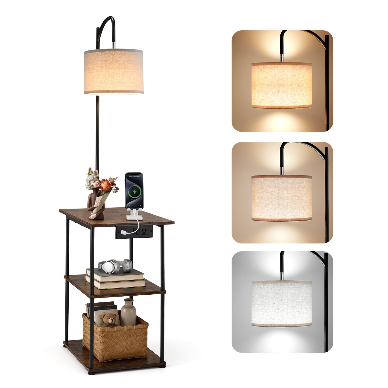 VEVOR Floor Lamp with Table, Narrow 3-Tier End Table with Open Shelves & 3 Color Temperature Lighting, Side Nightstand Bedside D