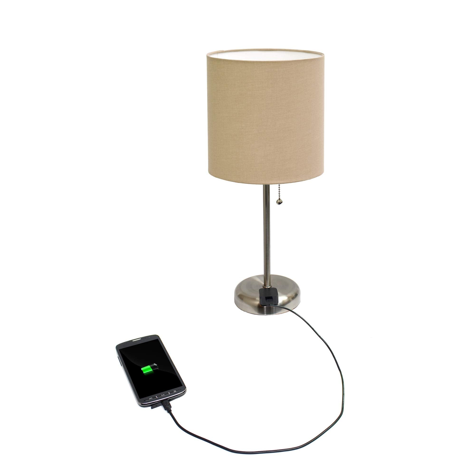 Simple Designs Lt2024-Tan Brushed Steel Stick Table Desk Lamp With Charging Outlet And Drum Fabric Shade, Tan