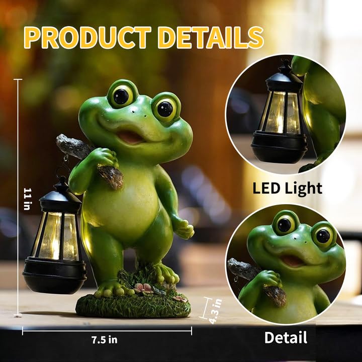 CFFOWNUG Frog Garden Decor Statue with LED Lantern, 11in  Outdoor Yard Decoration, Perfect Gift for Mothers Day, Green Frog Color