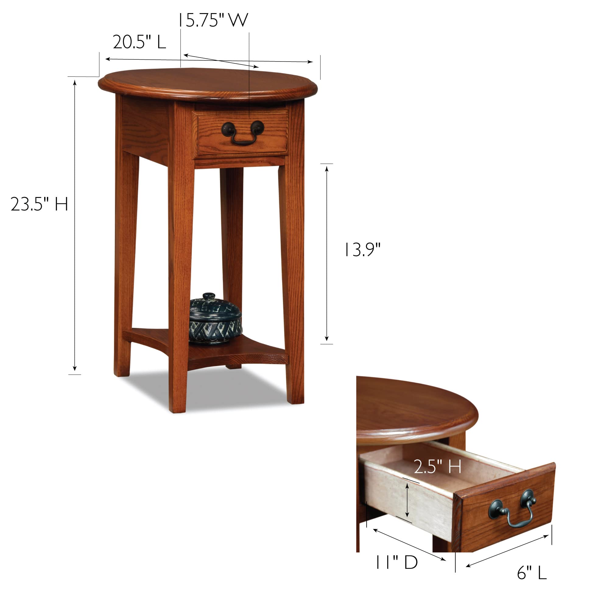 Haven Ridge Solid Wood Oval Side Table With Drawer And Shelf, Medium Oak Brown, Perfect For Living Rooms, Bedrooms, And Small Sp