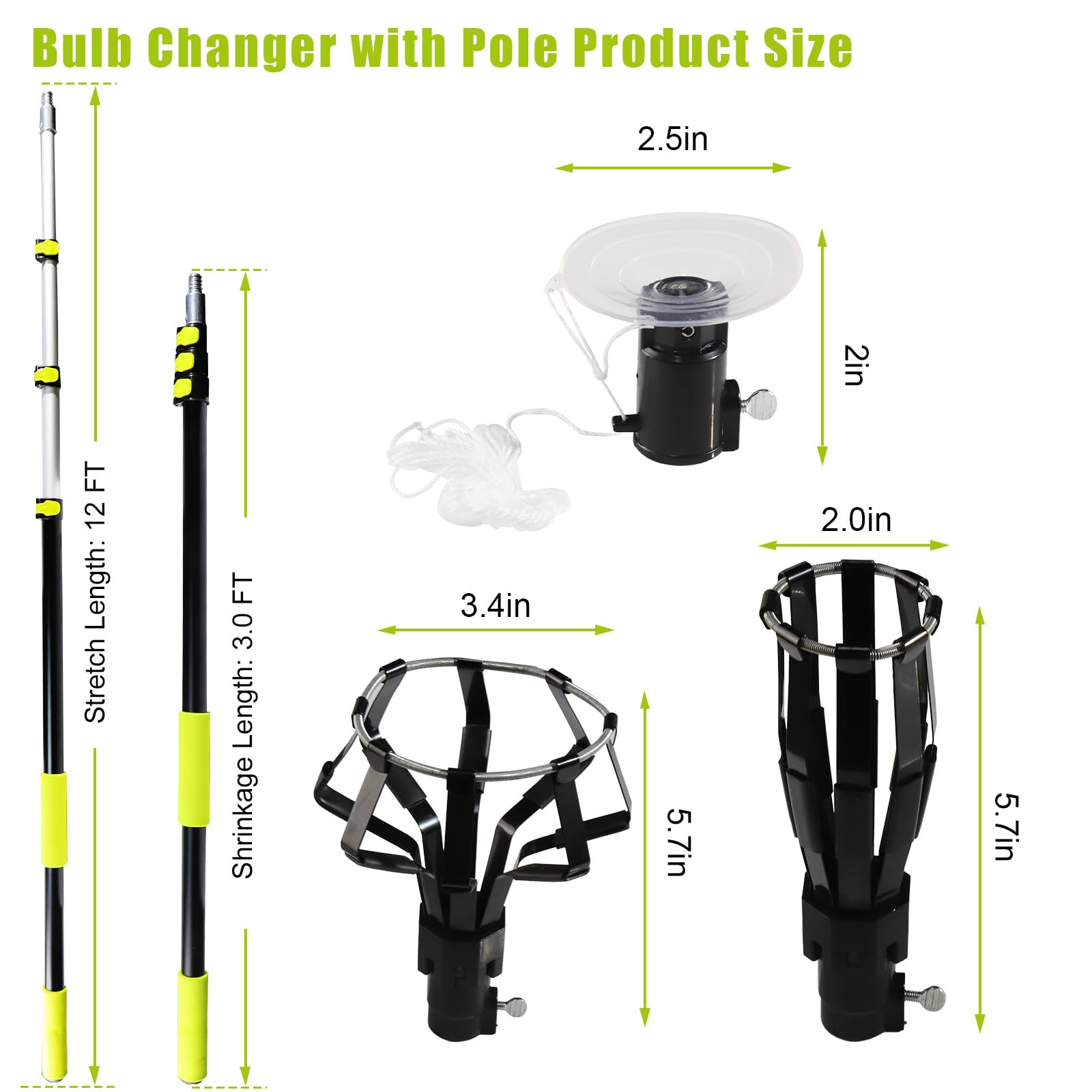 4 Pcs Aluminum Telescoping Changer With Pole, 3 Ft To 12 Ft Changer For High Ceilings, Light Bulb Changer Pole With Basket And S