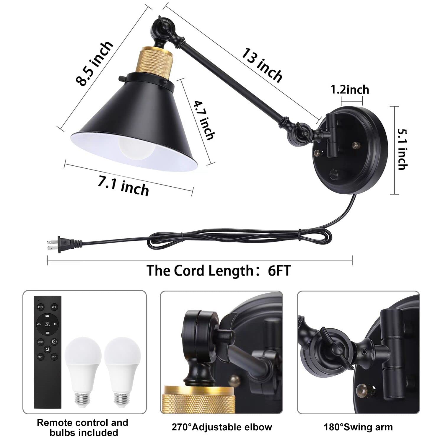 TRLIFE Dimmable Wall Sconce with Remote Control, Adjustable Color Temperature 2700K-6000K, 2 Pack, Black, Metal